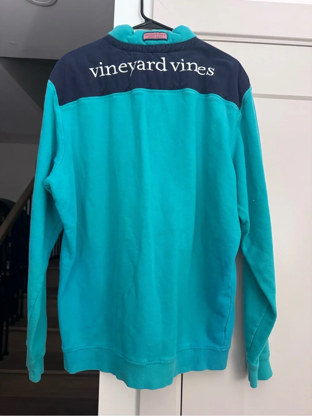 Vineyard Vines Teal Shep Shirt Half-Zip Pullover with Navy Shoulder Panels